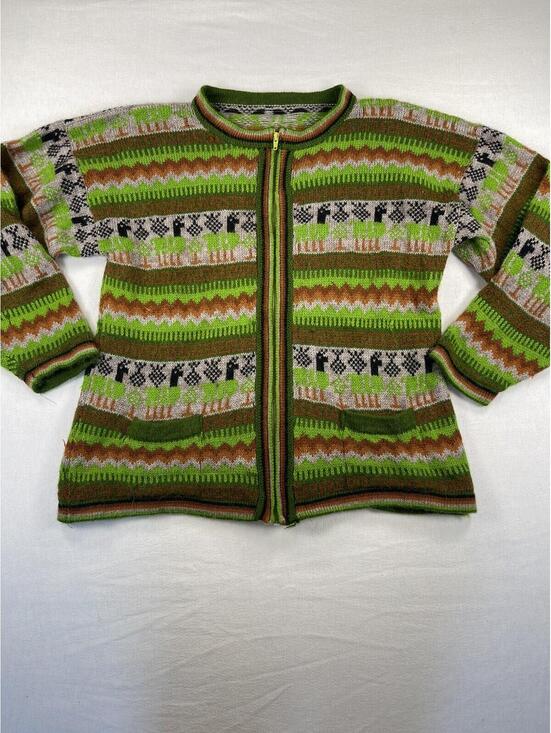 Sweaters - READ handmade Alpaca Zip Front Cardigan Women Sweater Llama Green Brown Ecuador